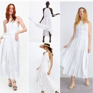 Zara White Tiered Long Halter Neck Maxi 100% Linen Dress